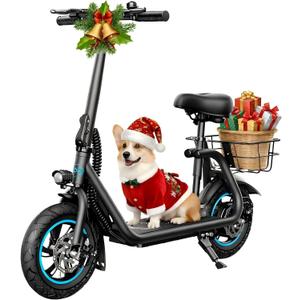 AWWSCOOTER C1 Electric Scooter with Seat for Adults, 450W Motor, 20-Mile Range, 16 MPH, Foldable Commuter E-Scooter with Basket for Grocery, Pets, and Daily Commute Classic Black