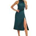 ALENDA DANMOS Women's Sleeveless Bodycon Halter High Neck Midi Dress Thigh High Slit Cocktail Party Dress 193(X-Small,Peacock Green)