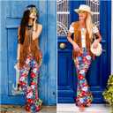 Haull 7 Pcs 60s 70s Disco Hippie Outfits for Women Halloween Costume Set Boho Flared Pants Fringe Vest Peace Sign (S)