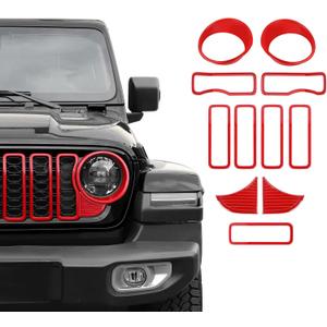 Front Grille Grill Insert+Headlight Turn Light Cover Trim Compatible with 2024-2026+ Jeep Wrangler JL JLU & Gladiator JT Exterior Accessories,Not Fit for JL Sport & Sports (Red)