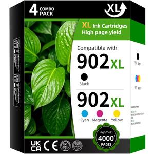 902XL High Yield Ink Cartridge Replacement for HP902XL HP902 902 XL Combo Pack Compatible with HP OfficeJet Pro 6960 6962 6968 6970 6974 6975 (Black Cyan Magenta Yellow 4 Pack)