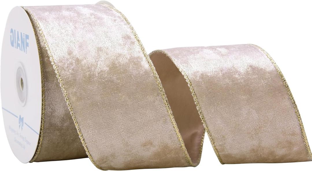 Champagne Velvet Wired Edge Ribbon, 2.5 Inch x 10 Yards Crushed Velvet Christmas Ribbon for Christmas Tree Decoration Gift Wrapping Garland Wreaths Bows Making