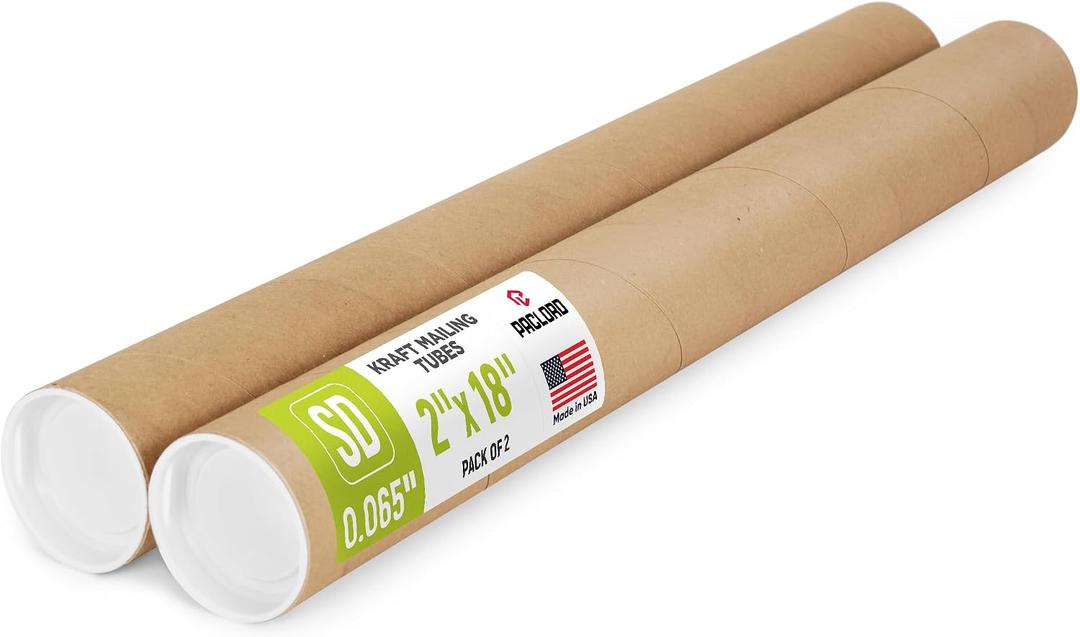 2" x 18" Reinforced Kraft Paper Mailing Tube, Pack of 2 Tubes with 4 Caps Secure USPS Approved Poster Tube Made in USA Cardboard Tube for Shipping and Storing Posters, Prints, Artwork