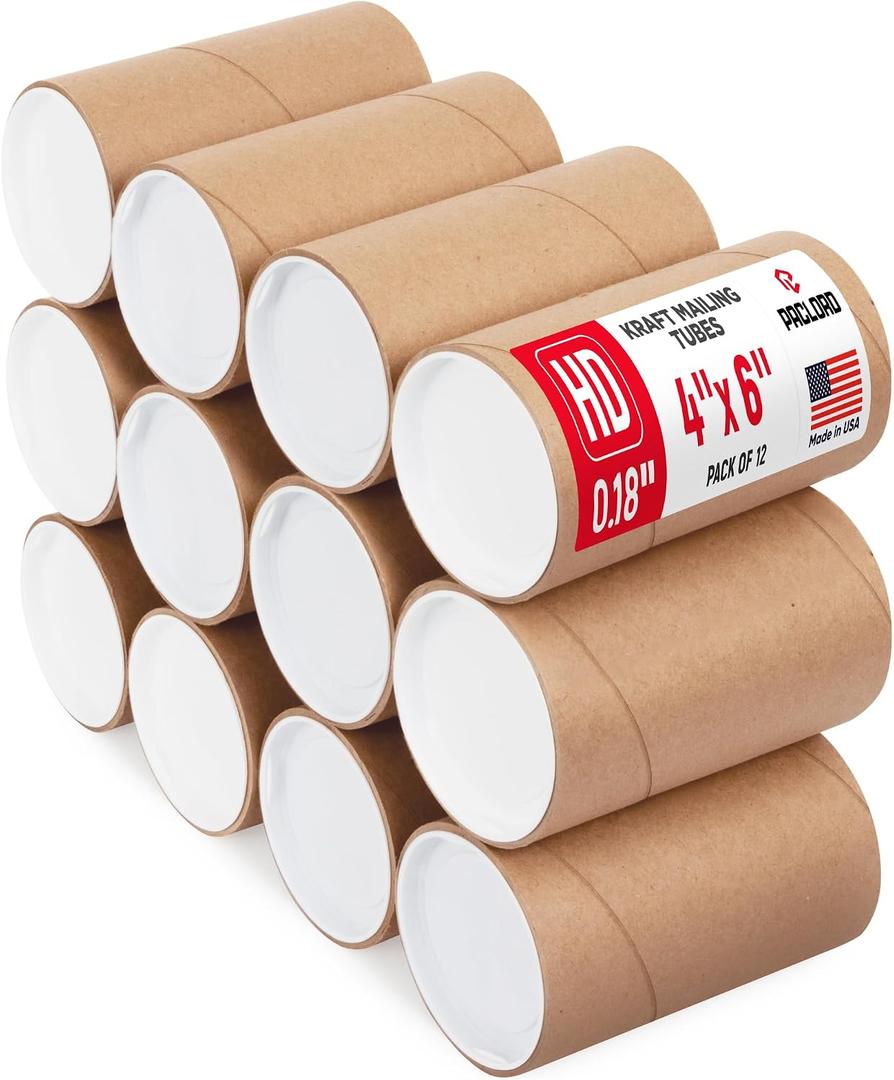 4" x 6" Heavy Duty Reinforced Kraft Paper Mailing Tube, Pack of 12 Tubes with 24 Caps Secure USPS Approved Poster Tube Made in USA Cardboard Tube for Shipping and Storing Posters, Prints, Artwork