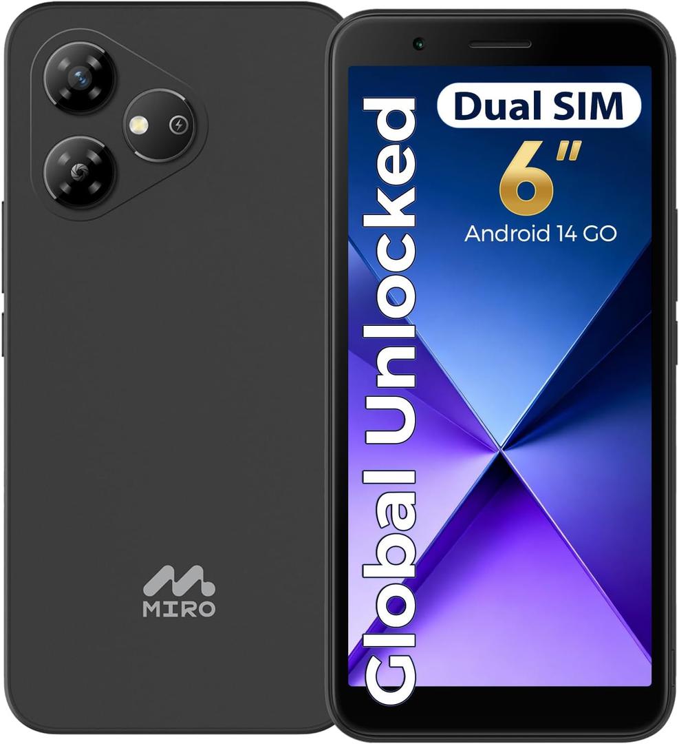 MIRO 4G Cell Phone - New Android 14 Go Edition Smartphone, 6" Display, 2GB+32GB (256GB 
), 3000mAh Battery, 5MP+2MP Camera, Dual SIM, 3.5mm Headphone Jack(Gray)