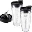 5-piece Blender Replacement Parts 24oz Ninja Blender Cups with To-Go Lids, 7 Fins Extractor Blade Compatible with Nutri Ninja Auto iQ Blenders BL2012 BN801 BL480 BL682 BL642