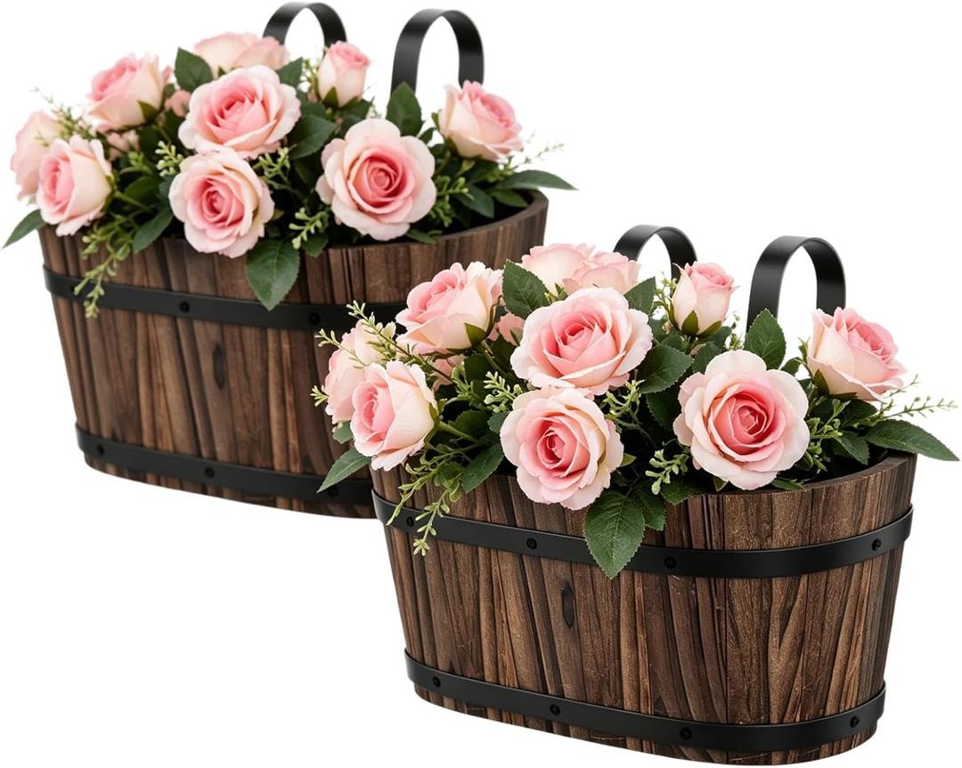 2-Pack Wooden Railing Planters, 13.2 inch Hanging Flower Pots with Detachable Hooks for Balcony, Fence, Deck, Garden, Country Home Decor -Carbonized, Large