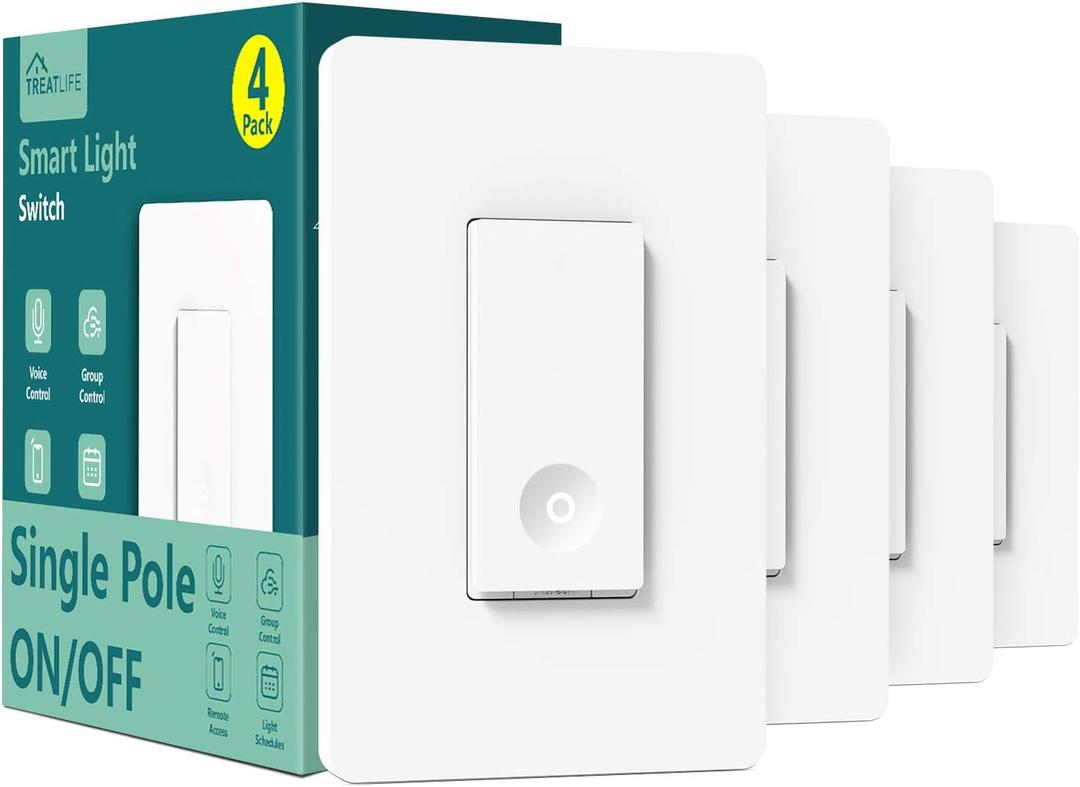 TREATLIFE Smart Switch 4 Pack, 2.4Ghz WiFi Light Switch Single-Pole, Neutral Wire Required, Works with Alexa, Google Home and SmartThings, Smart Home Remote Control, FCC Listed