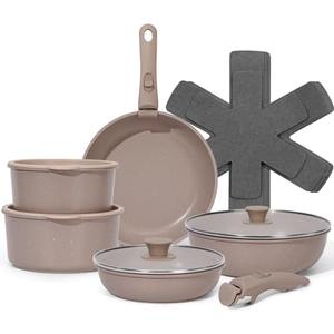 SODAY 15Pcs Pots and Pans Set Non Stick, Cookware Sets with Detachable Handle, Nonstick RV Kitchen Cooking Tools Removable Handles, Oven Safe, Induction Fast, Stackable Induction Cookware, Brown