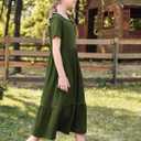 Batermoon Girls Short Sleeve Dress Casual A-Line Flowy Tiered Beach Maxi Dress with Pockcets (Green)