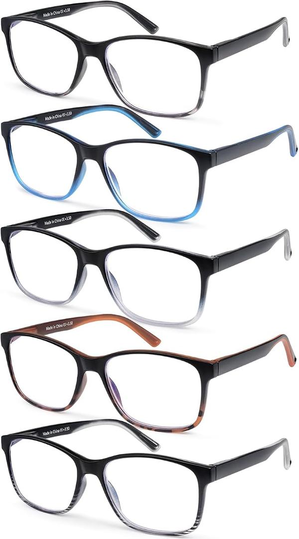5 Pack Blue Light Blocking Reading Glasses for Men Spring Hinge Fashion Large Wide Computer Readers for Men Eyeglasses, Mix Color 3.75 x