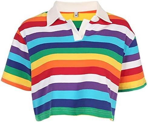Women's Rainbow Printed Polo T-Shirt Short Sleeve Skinny Y2K Streetwear Crop Top Size L