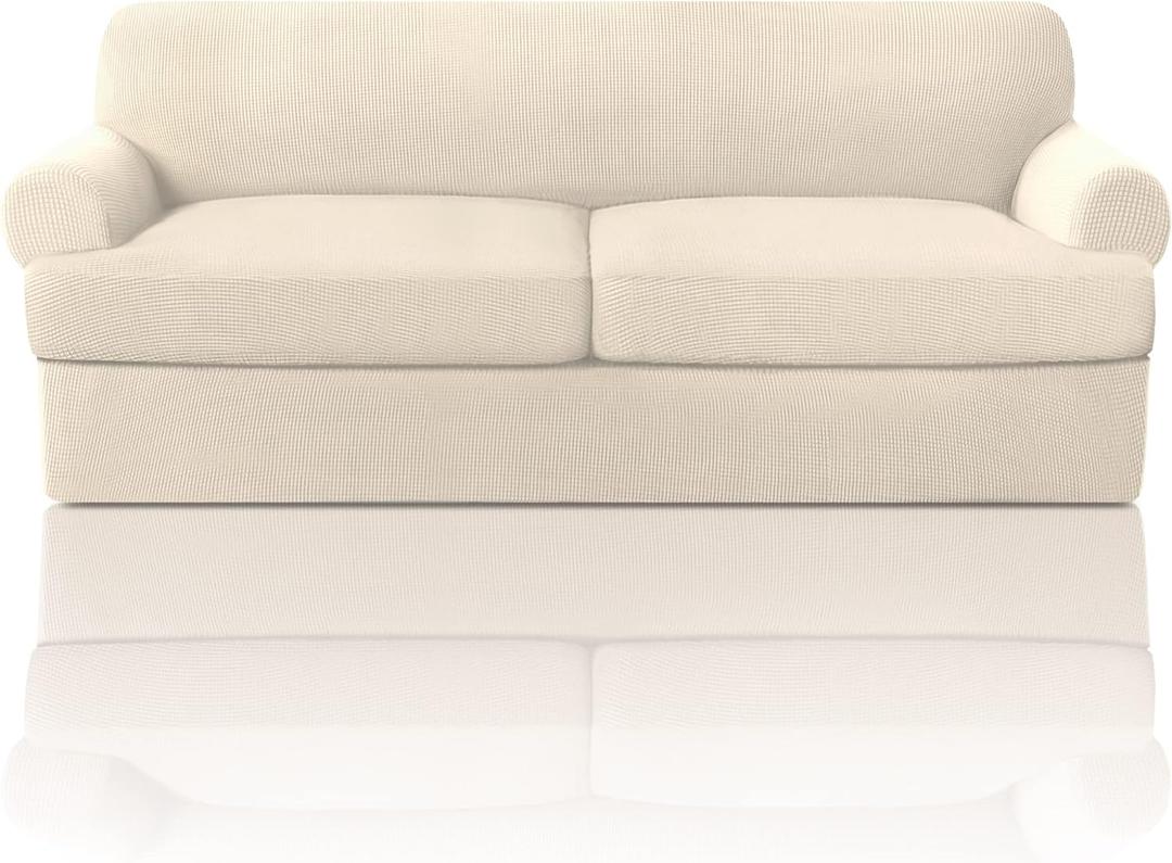 PrinceDeco T Cushion Sofa Slipcover 3 Pieces Sofa Covers for T Cushion Couch Soft Couch Covers Sofa Slip Cover Furniture Covers with 2 Individual T Shape Seat Covers Width Up to 90", Natural