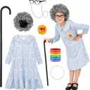 AOTHSO 13 Pieces Old Lady Costume for Kids 100 Days of School Costume with Grey Wig Glasses Cane Necklace for Granny Dress Up (8-10 Years, Light Blue)
