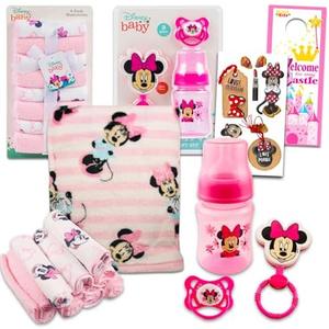 Disney Minnie Mouse Baby Gift Set, Baby Shower Gifts Girls Neutral - 12 Pc Newborn Essentials Bundle with Blanket, Towels, Rattle, Bottle, Pacifier, Scrapbook Stickers, More