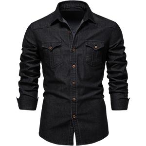 Kissonic Men's Denim Shirt Long Sleeve Button Down Shirt Lapel Jean Shirt Worn Washed Denim Shirts with Chest Pockets (X-Large, Black)