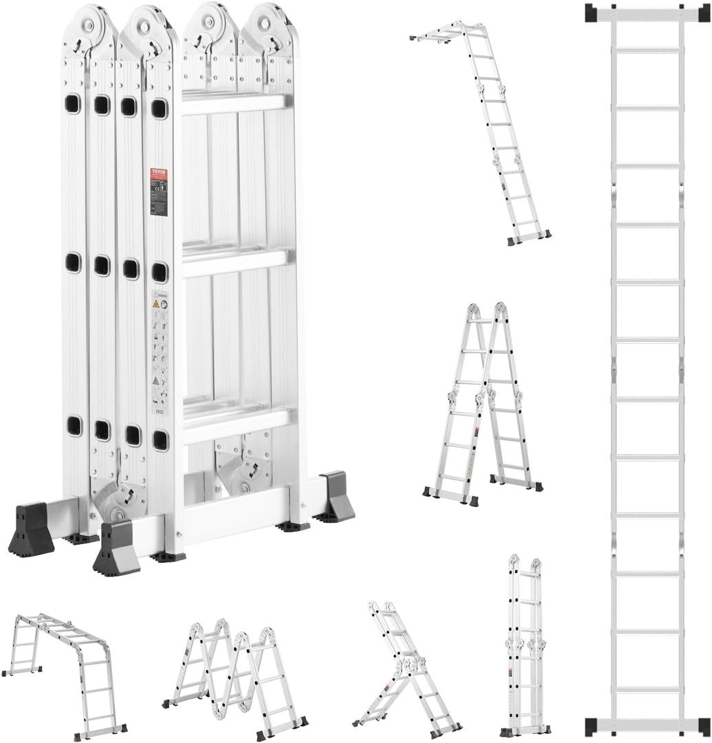VEVOR Multi-Purpose Folding Ladder, 7-in-1 Tall Step Ladder, A Frame 3 Step Adjustable Telescoping Ladder, 12ft Reach Height Heavy Duty Extension Ladder, 330 lbs Capacity for Household Outdoor Work