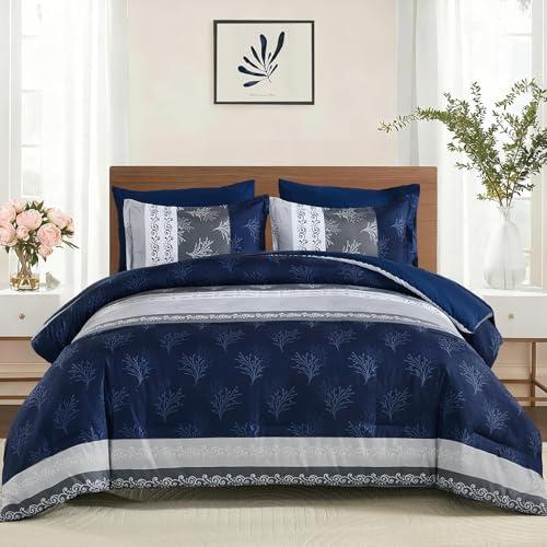 DJY Boho Comforter Set King Size, Navy Blue Striped Bed in a Bag 7 Pieces Comforter with Sheet Set, Soft Microfiber Reversible Bedding Set for All Season(104''x90'')