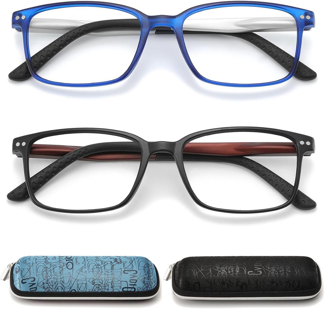 Reading Glasses for Men with Spring hinges 1.50 Rectangulart Computer Readers with Blue Light Protection and Case