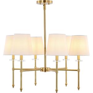 JONATHAN Y 27" Brass Gold 6-Light Iron Chandelier, Mid-Century Modern Pendant for Dining Room Kitchen Island, Transitional Fixture with Linen Shades, LED Bulbs Included JYL9918A