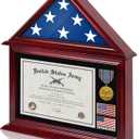 Solid Wood Flag Certificate Display Case Box with HD Tempered Glass Fit Small Folded 3'x5' American Flag(Not for 9.5'x5' Burial Flag), Veteran Military Shadow Box Felt Lining for Badge Medal, Mahogany