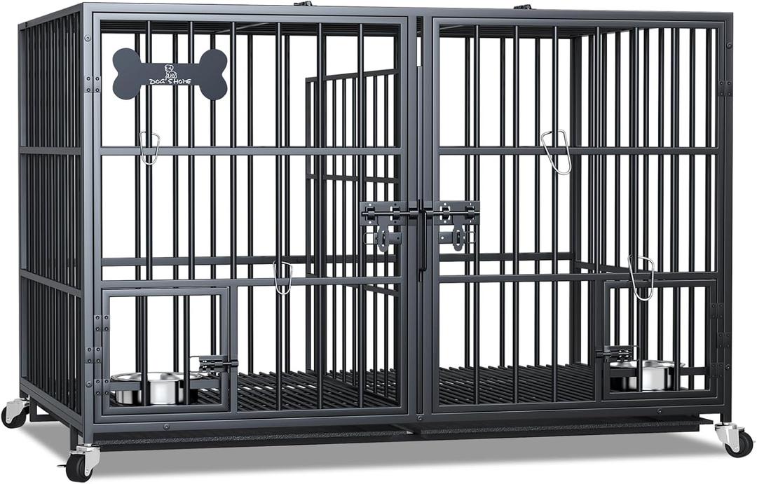 aboxoo 48/42 inch XL Dog Crate for Large Dog/Double Medium Dogs,Heavy Duty Metal Dog Cages,All Metal Open Top,Dog Kennel Indoor with Wheels,Floor Grid, Tray, Divider and Feeding Bowl (Black)