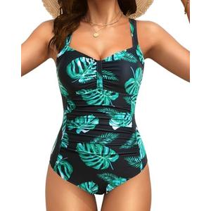 Tempt Me Women Ruched Slimming One Piece Swimsuits Tummy Control Vintage Bathing Suits, XXL,Black Green-Leaves Tempt Me Women Ruched Slimming One Piece Swimsuits Tummy Control Vintage Bathing Suits, XXL,Black Green-Leaves