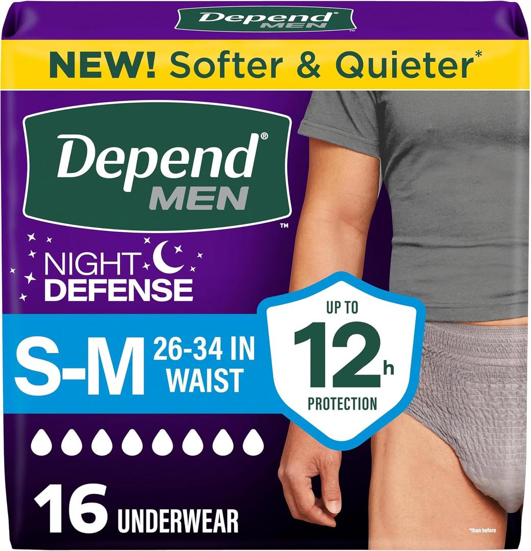 Depend Night Defense Adult Diapers, Incontinence Underwear for Men, Disposable, Overnight, Small/Medium, Grey, 16 Count