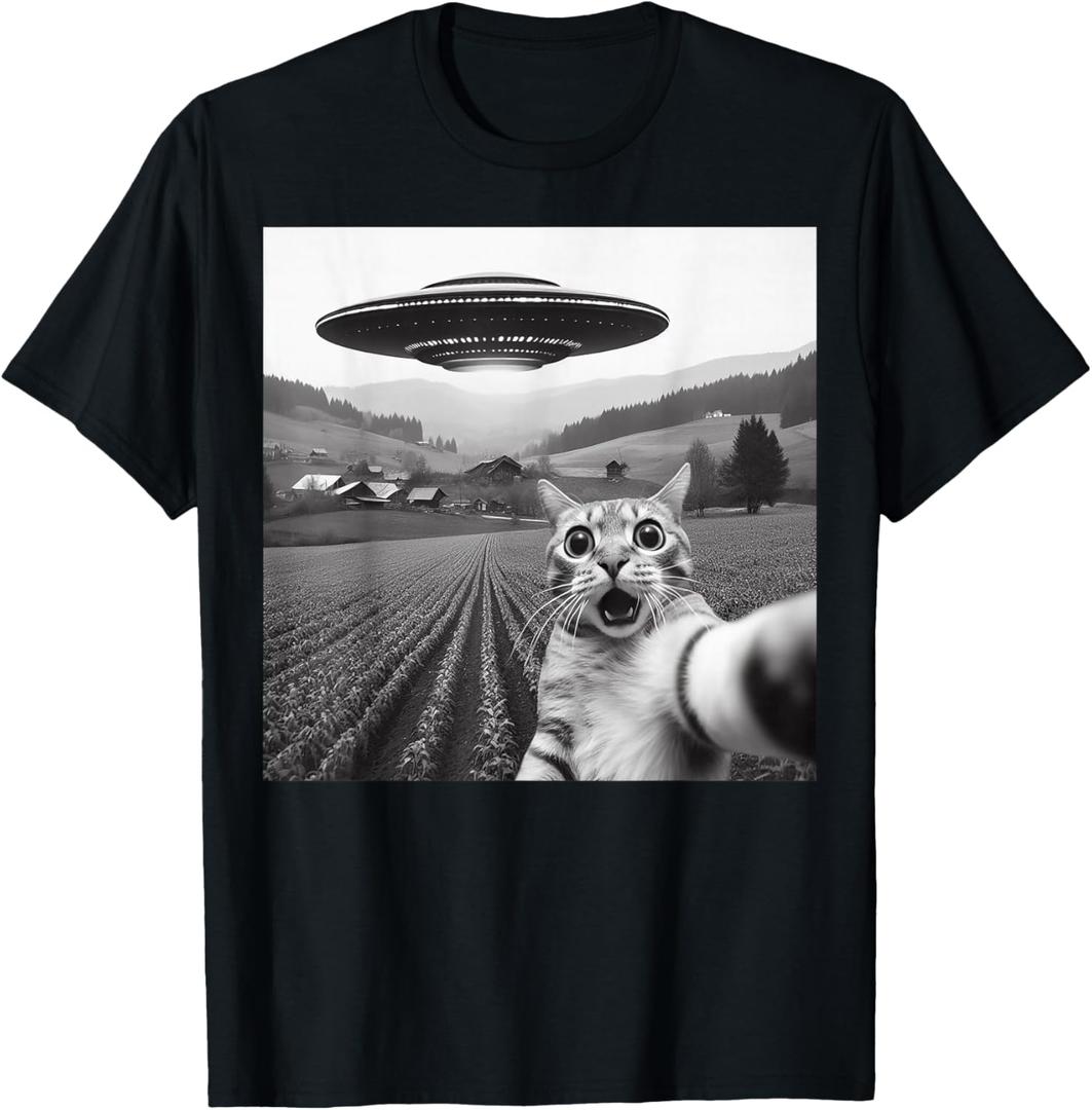 Cat Selfie with Alien UFO Funny Cat Gifts for Men Women Kid T-Shirt, Size M