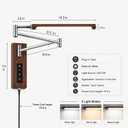 Walnut Finish Adjustable Plug-in Wall Light, Metal Swing Arm Wall Lamp with Touch Control, 12W LED Wall Sconce, 3 Color Temperatures, Directional Wall Mount Lamp for Bedroom Bedside, 20 Inch