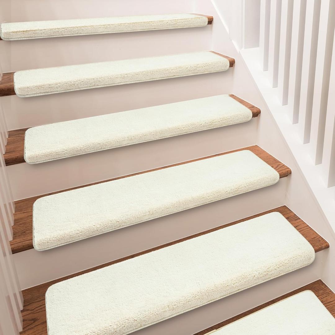 PURE ERA Carpet Stair Treads Ultra Plush 9.5" X 30"Soft Bullnose Indoor Stair Protectors Pet-Friendly Non-Slip Skid Resistant Tape Free Washable Reusable(14 Pieces, White)