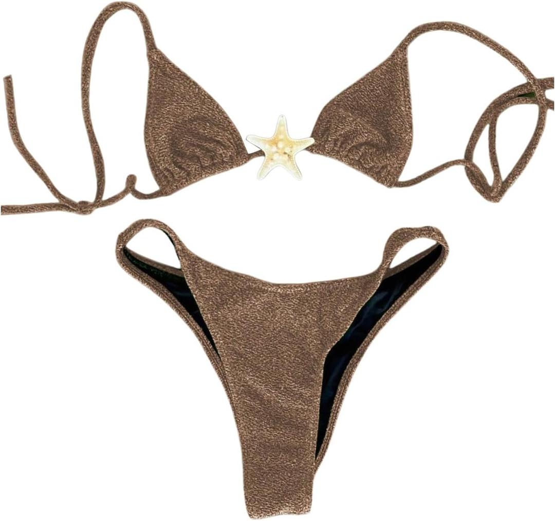SOLY HUX Women's Sexy Halter Triangle Bikini Set Tie String Swimsuit High Cut Thong Two Piece Bathing Suit (Brown, M)
