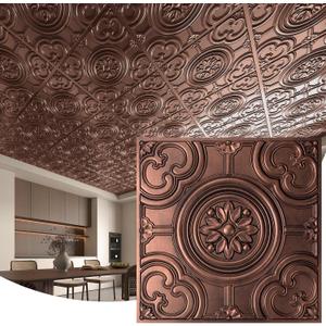 WOWSTAR 12-Pack 24"x24" Drop Ceiling Tiles, Waterproof Glue up Ceiling Panels, Antique Copper