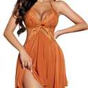 Avidlove Sexy Lingerie for Women Halloween Lace Babydoll Nightgown Halter Chemise V Neck Sleepwear Open Back Nighty Caramel