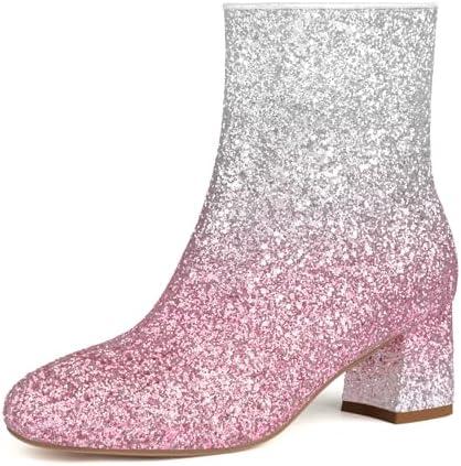 MISSMILLER Women's Glitter Ankle Boots Sequin Sparkly Booties Block Heel Side Zip Zipper Wedding Party Dress Shoes, Size 7