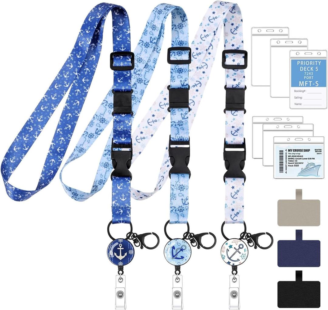 3 Pack Cruise Lanyards, Adjustable Lanyards for Cruise Ship Cards with Retractable Badge Reel, 6 Pack Waterproof ID Badge Holder and 3 Pack Phone Tether Tab
