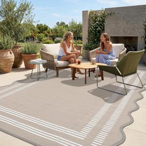 Garvee Waterproof Outdoor Rug 8x10, Scalloped Geometric Foldable Plastic Straw Patio Camping Rug, Outdoor RV Carpet for Deck Camper Porch Balcony Backyard Picnic Beach Gray Brown