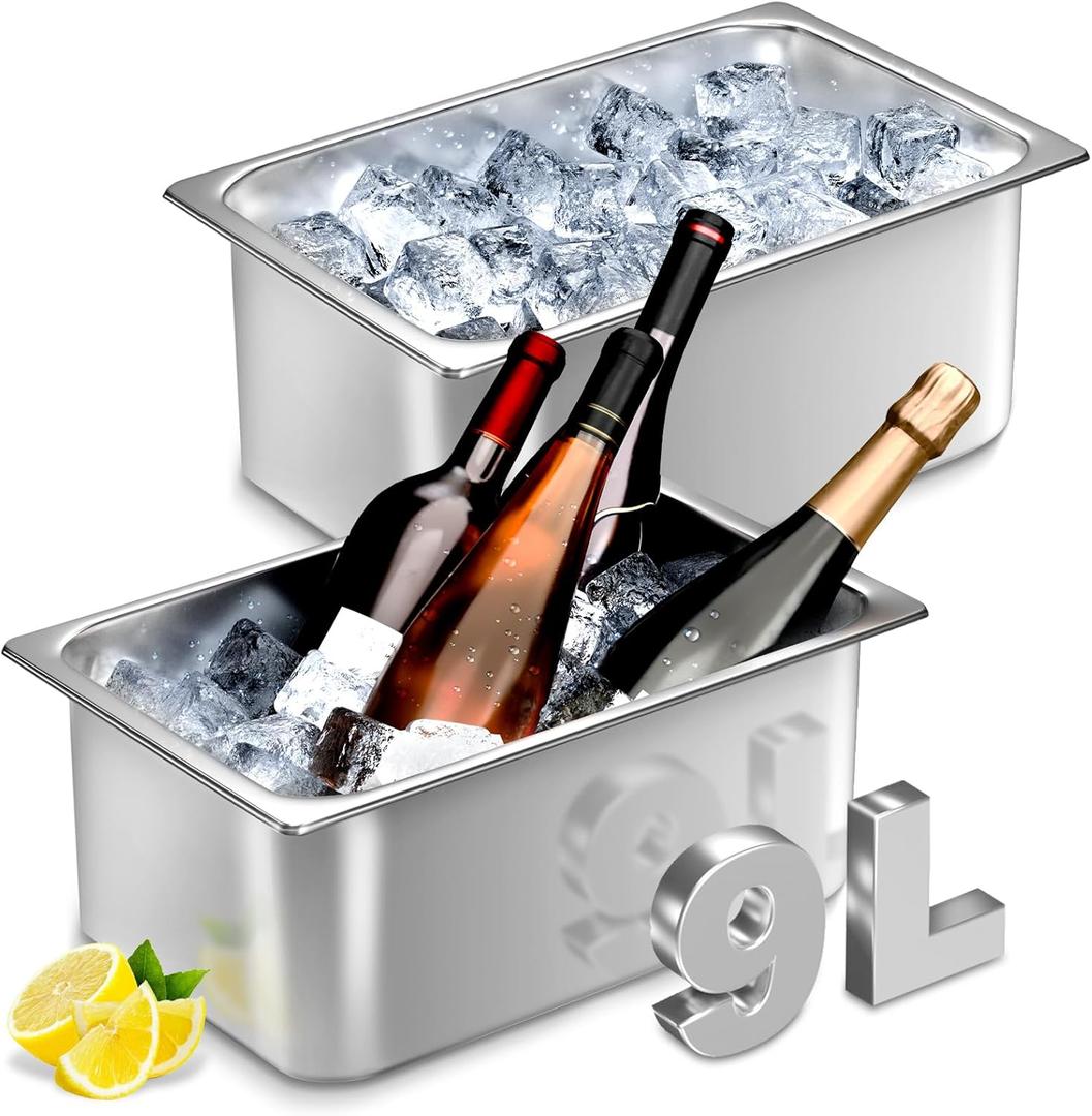 meekoo 2 Pack Ice Buckets for Freezer Wine Beer Champagne Bucket Stainless Steel Bin for Freezer Metal Drink Buckets Cocktails Wine Cooling for Mimosa Bar Supplies (9 Liters)