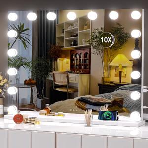 Hasipu 32" x24 Hollywood Vanity Mirror with Lights - Makeup Mirror with 17 Dimmable LED Bulbs, 10X Magnification, Touch Control, USB & Type-C Charging Port (Square White)