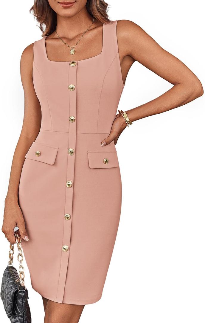 GRACE KARIN 2025 Women's Buttons Belted Square Neck Business Work Dress Sleeveless Bodycon Midi Dress (Large, Pink)
