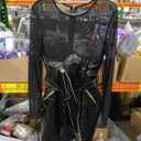 Sedmoda Women Sexy Faux Leather Mini Dress Sheer Mesh Patchwork Long Sleeve Bodycon Dresses Party Club Outfits, Size M