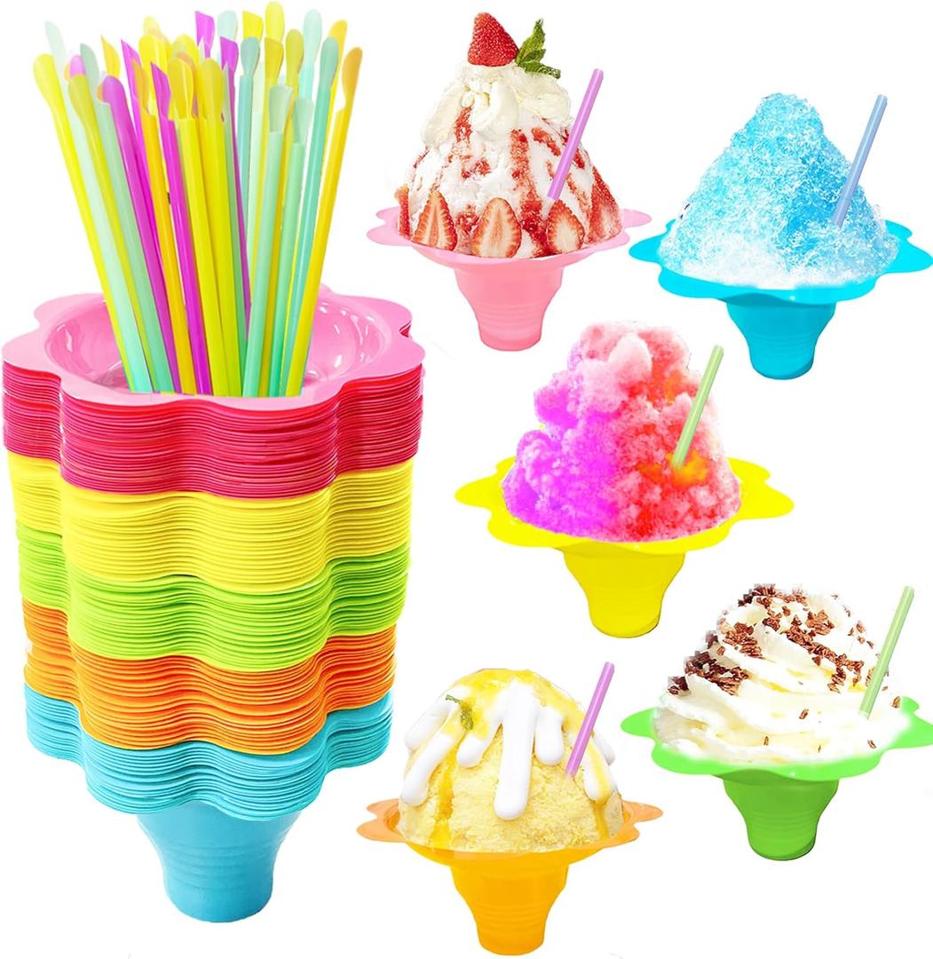 Szsrcywd 200Pcs 4oz Colorful Snow Cone Cups with Spoon Straws,Flower Shaped Ice Cream Snacks Cup Reusable Plastic Bowls Easy Grip for Kids Birthday Summer Holiday Party