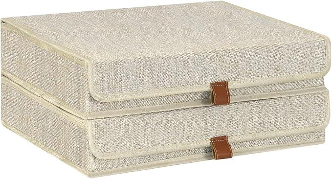 ORGMASTER Photo Storage Boxes with Lids, Memory Box for Keepsakes, Picture Organizer Versatile Linen Containers Basket Collapsible Bin for Organizing Home Office, 2 Pack, 14x10.8x2.5 Inch, Beige