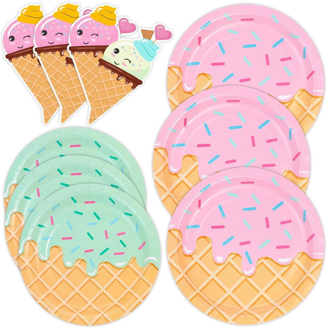 DYLIVeS 48 Pcs Ice Cream Birthday Party Plates and Napkins Kit, Ice Cream Theme Tableware Set Snow Cones Party Table Decorations Supplies, Disposable 9'' and 7'' Paper Plates, Napkins, Serves 16