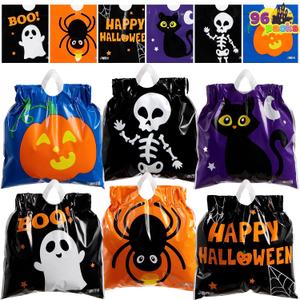 JOYIN 96 Pcs Halloween Drawstring Candy Bags, Small Trick or Treat Goodie Bags Bulk, 6 Designs Halloween Plastic Gift Bag for Kids Trick or Treating, Boys Girls Party Favors Supplies, Classroom Gifts