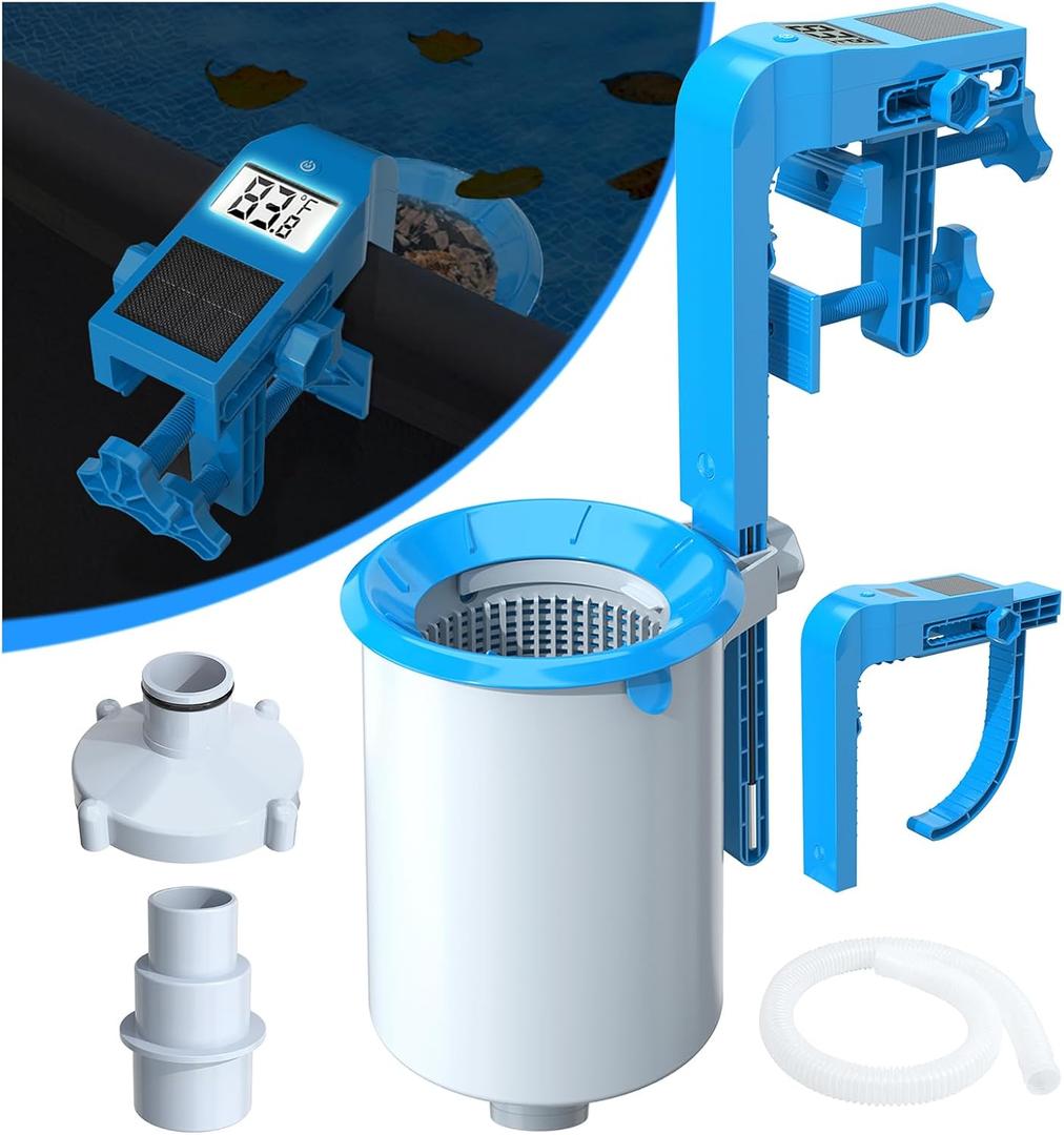 DeeprClean Newly Above Ground Pool Skimmer with Solar Digital Thermometer, Wall Mount Surface Skimmer with Adjustable Height Bracket, Auto Skimming for Pool Surface Floating Leaves & Debris -Blue