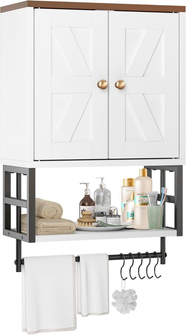 Farmhouse Medicine Cabinet - 3-Tier Wall Mounted Storage Organizer with Adjustable Shelves, Towel Bar, 5 Hooksfor Small Bathroom, Laundry Room, Over Toilet, Living Room, Bedroom (White) (15.79 inches x 7.87 inches x 24.4 inches)