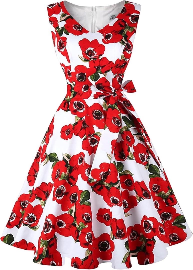 Dressever Women's 50s 60s Vintage Sleeveless Dress Red Flower L