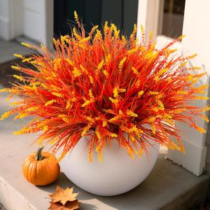 Artificial Fall Outdoor Faux Plants Decoration, 12 Bundles Fake Monkey Grass for Autumn Indoor Decor, Fall Lavender Flower Shrubs UV Resistant Bush Planter No Fade for Garden Porch Balcony(Mix) (Orange Brown)