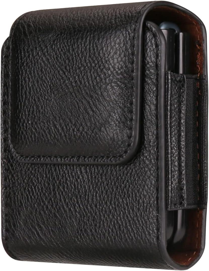 Cell Phone Waist Pouch Men Leather Compatible with Samsung Galaxy Z Flip 6/Z Flip 5/Z Flip 4/Z Flip 3/Z Flip 4G 5G, Cellphone Holster with Belt Clip Phone Belt Pouch Bag with Belt Loop Carabiner Hook (Black)